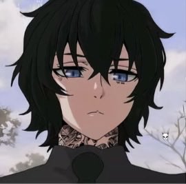 An anime-style portrait of a young man with shaggy black hair, blue eyes, and visible neck tattoos wearing a black collared shirt.