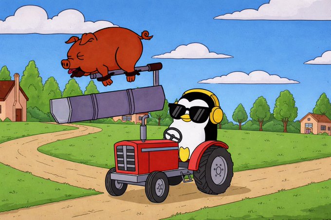 A cartoon penguin wearing sunglasses and yellow headphones drives a red tractor along a country path, flying through the air while doing a wheelie with a pig balanced on the front loader—visually capturing the reckless, thrill-seeking confidence behind the post's message about aggressive short-selling and making bold bets on the market.