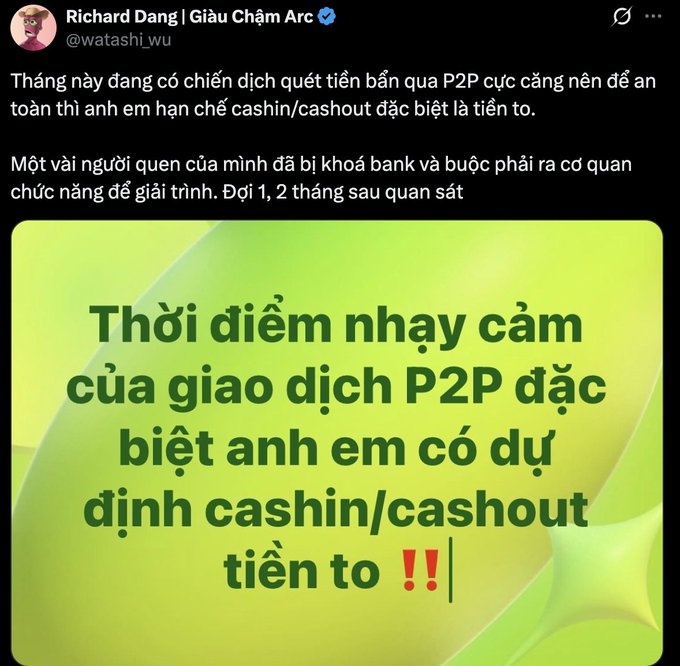 The image shows a green background with white text that reads "Tình trạng p2p usdt chắc không có bất cứ pháp nhân này kê khai thuế => cứ tìm platform nào có cổng thanh toán Hợp Pháp + auto đóng thuế mỗi lần cash-in/out luôn cho đỡ". The image is related to the post because it features a green background with white text, which is part of the caption.