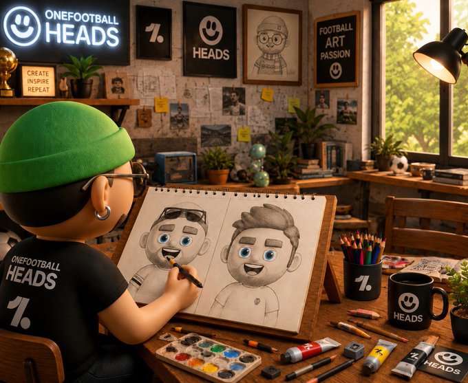 A 3D animated scene of a character wearing a green cap and a 'OneFootball Heads' shirt drawing sketches in a sketchbook inside a studio decorated with football-related art.