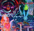 A colorful digital illustration featuring two figures, one with glowing eyes and hearts, surrounded by swirling rainbow patterns and a crescent moon.