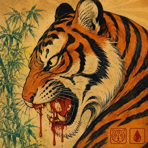 The image depicts a fierce tiger with an orange coat and black stripes, its mouth open and blood dripping from its teeth. Next to the tiger is some green bamboo, and the accompanying text mentions the release of TIGER BLOOD NFTs. This promotional artwork cleverly ties into the theme of the NFTs by showcasing a powerful tiger. The mention of "@TigerSaintRomeo" and a specific price point (69 PP) suggests a digital collection available for purchase within a community.