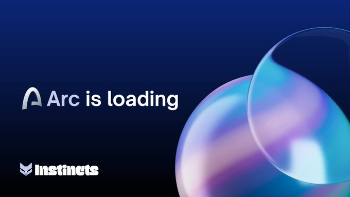 A loading screen displays 'Arc is loading' next to iridescent bubbles, with the 'Instinets' logo in the bottom left corner against a dark blue background.
