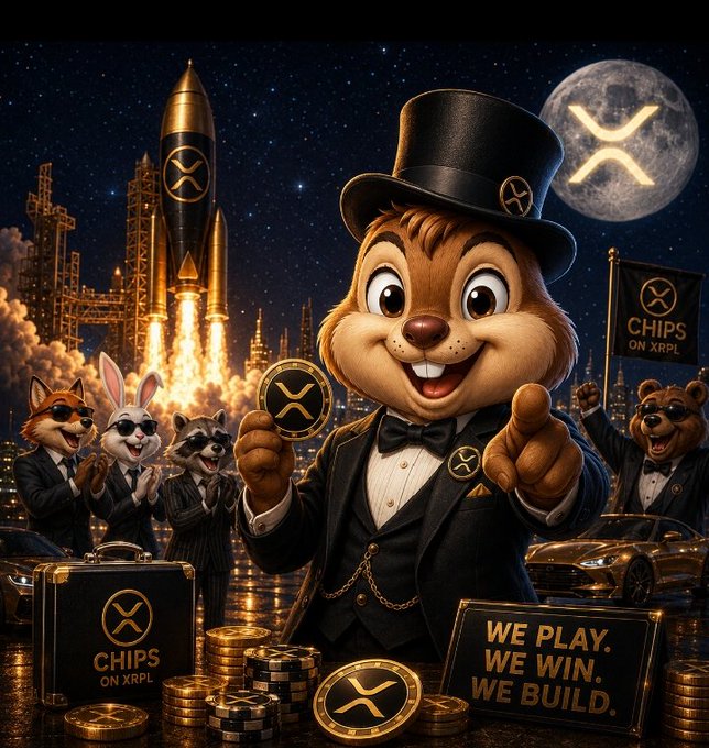 A stylized digital illustration of an anthropomorphic chipmunk in a tuxedo and top hat holding an XRP coin, surrounded by suited animal characters, a rocket ship, and gold coins, with the slogans "CHIPS ON XRPL" and "WE PLAY. WE WIN. WE BUILD."