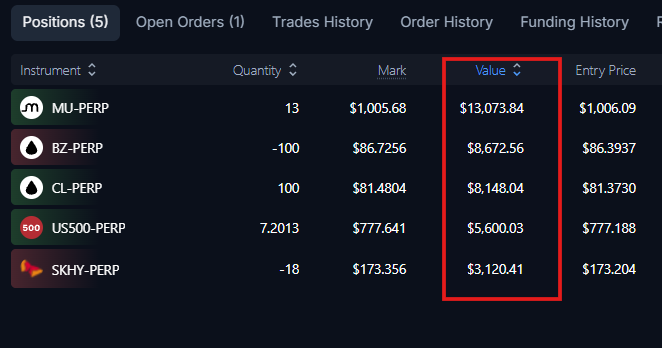 A trading positions dashboard displays five active positions (MU-PERP, BZ-PERP, CL-PERP, US500-PERP, SKHY-PERP) with the 'Value' column highlighted by a red box showing totals ranging from $3,120.41 to $13,073.84.