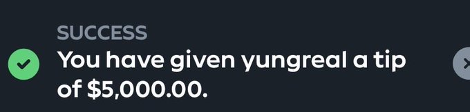 A Gamdom notification confirms a $5,000 tip was successfully given to user "yungreal." The image illustrates the post's theme of generous, expectation-free support within the Gamdom community.