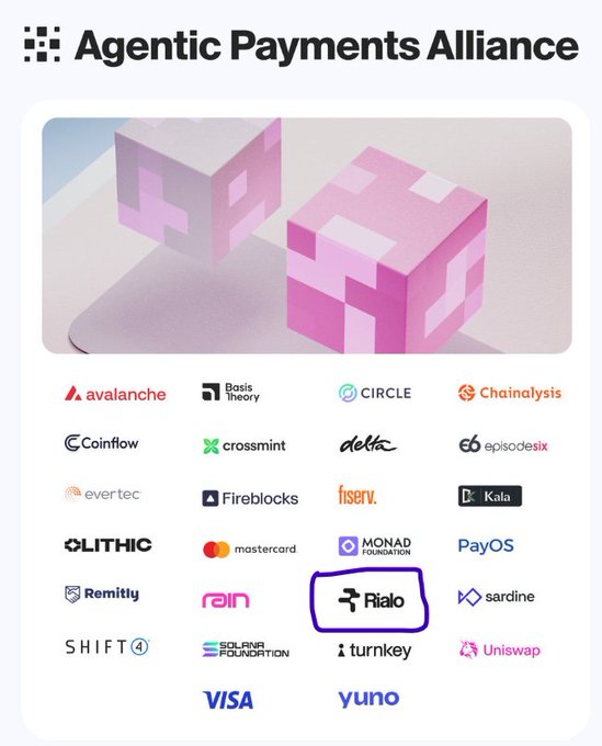 A promotional graphic for the 'Agentic Payments Alliance' displays the Binance logo and lists member companies including Avalanche, Circle, Mastercard, Visa, and Unswap, with 'Rialo' circled in blue.