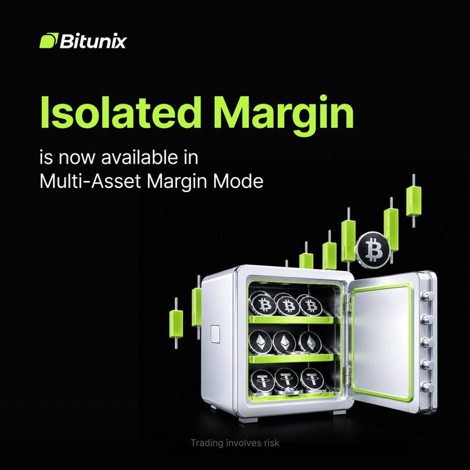 A Bitunix promotional graphic announcing "Isolated Margin is now available in Multi-Asset Margin Mode," featuring an open safe containing Bitcoin, Ethereum, and Tether tokens alongside green candlestick charts and a Bitcoin coin, with "Trading involves risk" disclaimer at the bottom.