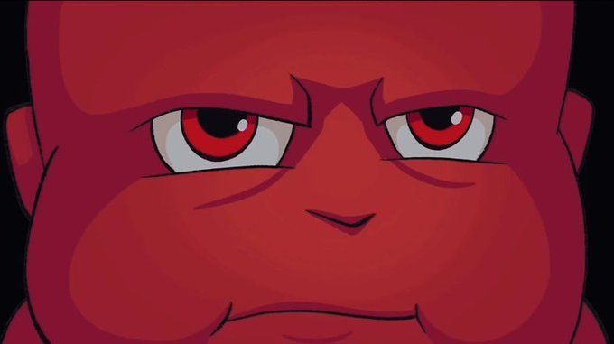 An extreme close-up of an animated character's intense red face with furrowed brows, set against a black background. The image visually amplifies the post's "all in" sentiment by conveying unwavering determination and high-risk resolve.