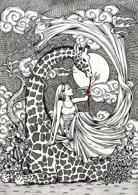 A detailed black-and-white line art NFT titled "Alas" showing a seated woman in flowing robes with a red dripping element, framed by a giraffe, clouds, and ornate floral patterns—promoted as a 1/1 piece for 189 tez on objkt.com.