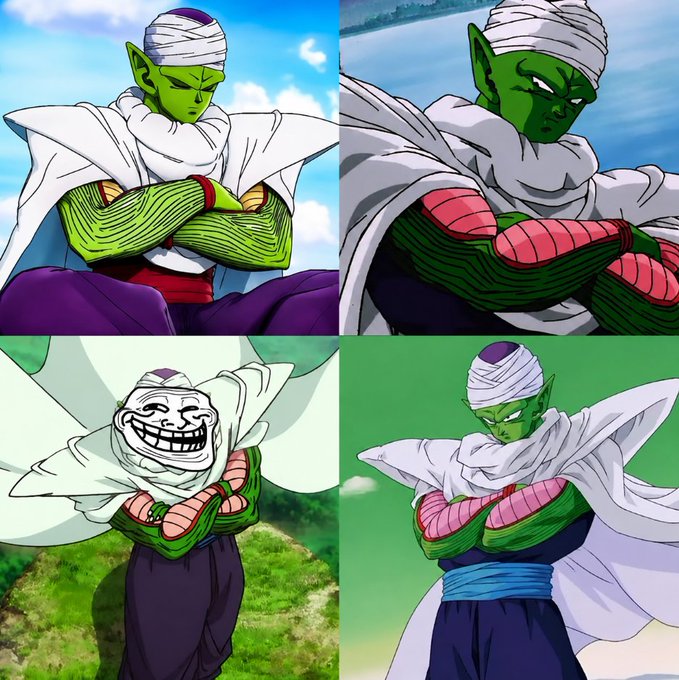 A four-panel meme featuring the anime character Piccolo in a meditating pose with crossed arms, with the bottom-left panel showing a troll face superimposed over his head.