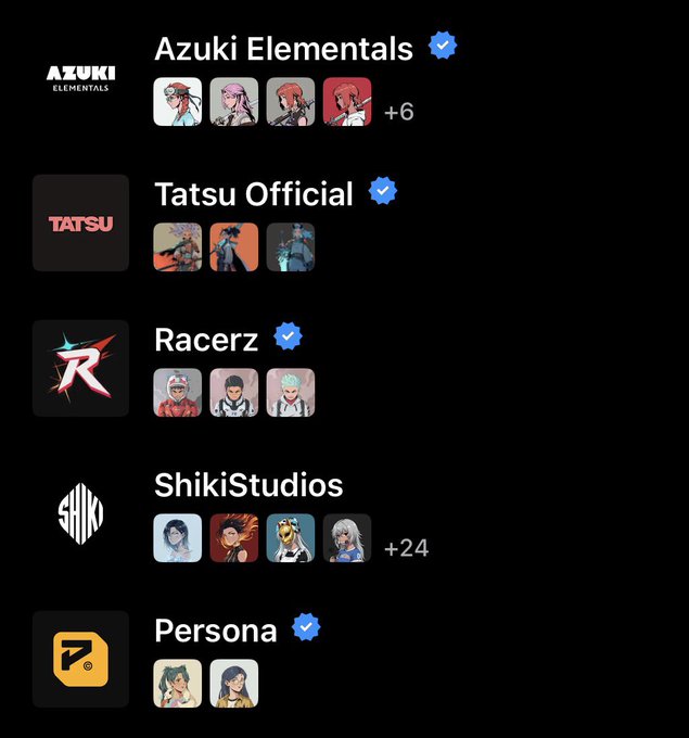A list of VTuber/avatar groups with their members displayed in square profile icons, including 'Azuki Elementals' (+6), 'Tatsu Official', 'Racerz', 'ShikiStudios' (+24), and 'Persona', with some names featuring blue verified checkmarks.