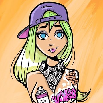 A cartoon illustration of a girl with green hair, a purple cap, blue eyes, and graffiti-style clothing holding a spray paint can.