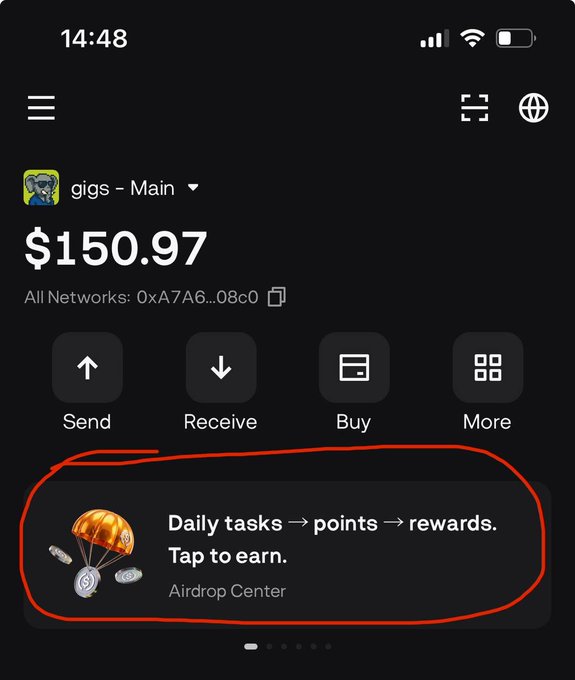 A crypto wallet app screen showing a balance of $150.97 for an account labeled 'gigs - Main' on All Networks: 0xA7A6...08c0, with a circled section highlighting 'Daily tasks → points → rewards. Tap to earn. Airdrop Center.'