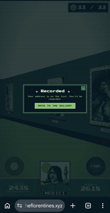 A mobile view of the same green 'Recorded' pop-up dialog over a darkened gallery background, with a URL bar showing 'heflorentines.xyz'.