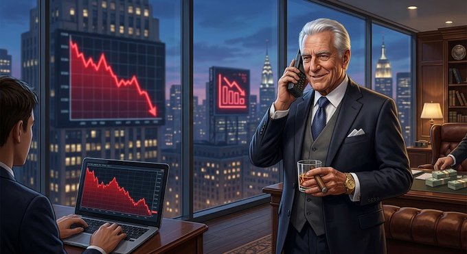 A digital illustration depicts an older man in a suit talking on a mobile phone in a high-rise office, while a younger person in the foreground works on a laptop. Large screens behind them display prominent red downward-trending graphs, suggesting a financial crash.