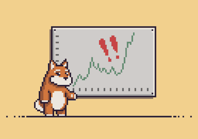 A pixel art illustration of a Shiba Inu dog standing on a dashed line, pointing at a chart showing a green recovery trend with a red broken heart graphic.