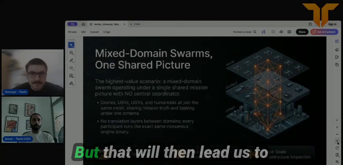 The image shows a computer screen with a presentation about mixed-domain swarms, which is displayed as an animated video. The man's face can be seen at the top of the image, but his features are not clearly visible due to the animated nature of the presentation. The text in the image reads "A lot of companies sell Swarming software for their hardware ... only Tashi facilitates seamless interoperability across multiple domains & vendors." This information is related to the content displayed on the computer screen and provides context about the topic being discussed.