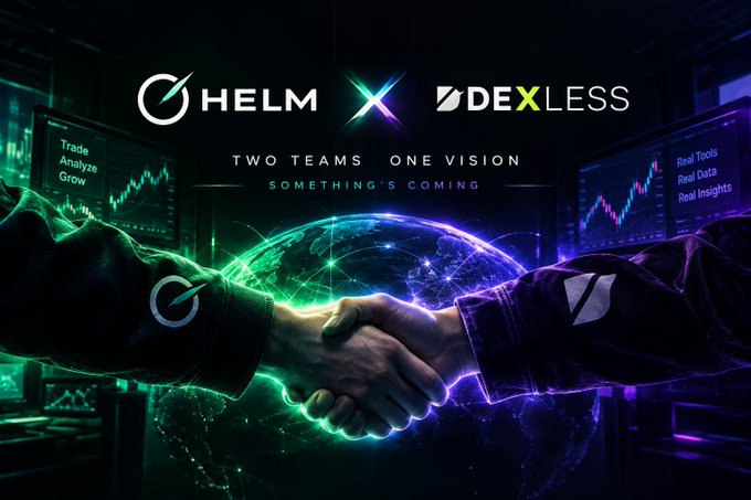 A promotional graphic showing a handshake in front of a digital globe, featuring 'HELM' and 'DEXLESS' logos with the text 'TWO TEAMS ONE VISION SOMETHING'S COMING'.