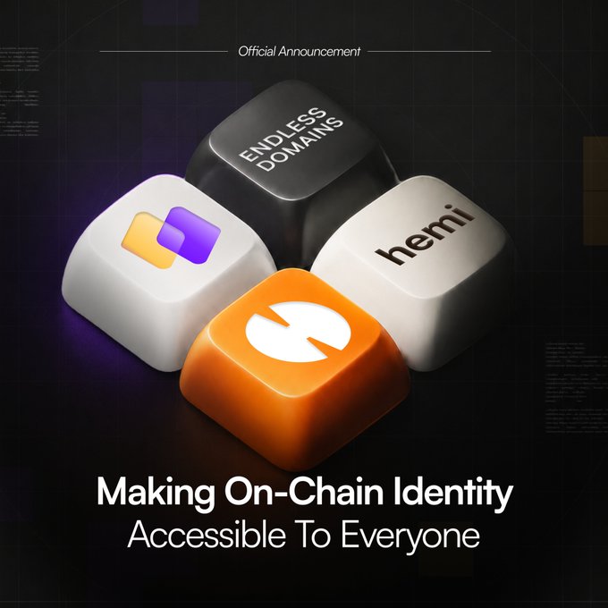 An official announcement graphic for Endless Domains and hemi, with the tagline 'Making On-Chain Identity Accessible To Everyone'.