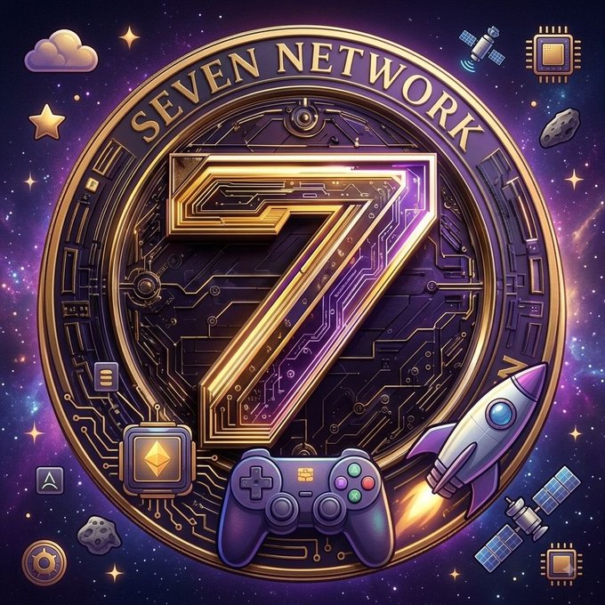 A vibrant digital artwork featuring a large golden number "7" inside a coin-like emblem reading "SEVEN NETWORK," surrounded by gaming and tech-themed icons including a controller, rocket, satellites, and computer chips against a purple cosmic background.