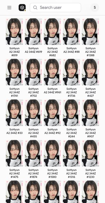 A grid of identical selfies featuring a young woman labeled 'SoHyun A2 344Z' with various hashtags, displayed in a character/photo card browsing interface with a search bar at the top.