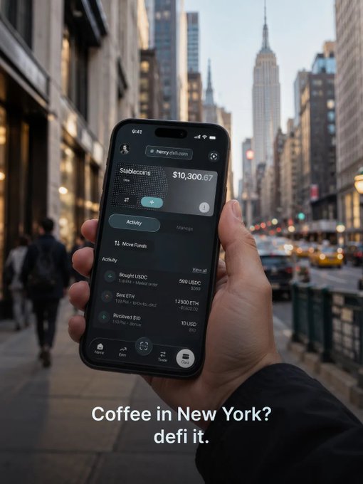 A hand holding a smartphone displaying a crypto wallet app with a $10,300.67 balance, with the text 'Coffee in New York? defi it.' overlaid on a New York City street scene.