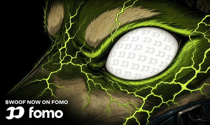A stylized close-up of a green dog's eye with yellow lightning-like patterns overlaid, featuring a white iris with repeating 'D' logos, promoting '$WOOF NOW ON FOMO' with the Fomo logo.