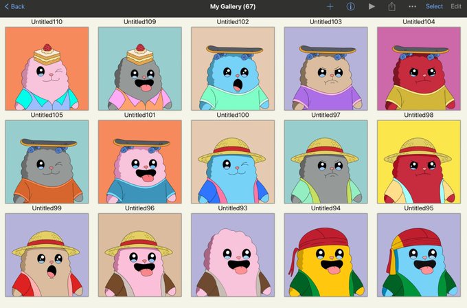 A gallery view titled 'My Gallery (67)' displaying a grid of colorful cartoon characters in various outfits and expressions.
