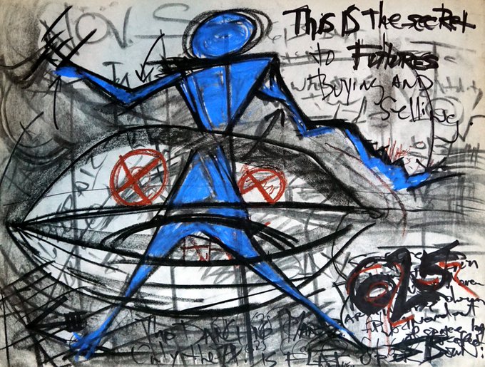 A chaotic piece of artwork featuring a blue human-like figure, text including 'This is the secret to Futures', and various scribbles in black and red.