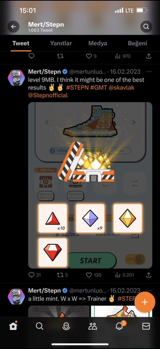 A screenshot of a Twitter post from "Mert/Stepn" (@mertunluo) from 16.02.2023 discussing a 9MB mint level achievement with hashtags #STEPN #GMT and showing a sneaker NFT and in-game gem rewards.