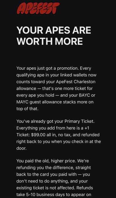 A promotional message with the red 'APEFEST' logo at the top and the headline 'YOUR APES ARE WORTH MORE', explaining ticket allowance upgrades for ApeFest Charleston, BAYC, and MAYC holders.