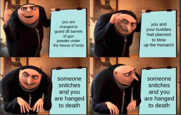 A four-panel meme using Gru from Despicable Me to illustrate the historical Gunpowder Plot of 1605, showing him presenting that Guy Fawkes was 'charged to guard 36 barrels of gun powder under the house of lords,' 'you and your buddies had planned to blow up the monarch,' and 'someone snitches and you are hanged to death.'