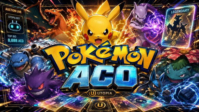 A vibrant promotional banner for "Pokémon ACO" by Utopia features Pikachu in the center surrounded by various Pokémon, with an "AUCTION LIVE" panel showing "UTOPIA-BOT" and a "TOP BID 8,888 ACO", plus a "LEGENDARY" card on the right.