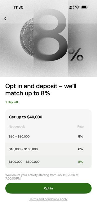 A mobile screen displays an 8% match promotion offering up to $40,000 based on net deposit tiers ($10–$10,000 at 5%, $10,000–$100,000 at 6%, $100,000–$500,000 at 8%) with an "Opt in" button, relevant to the post's commentary on rival exchanges battling for dominance.