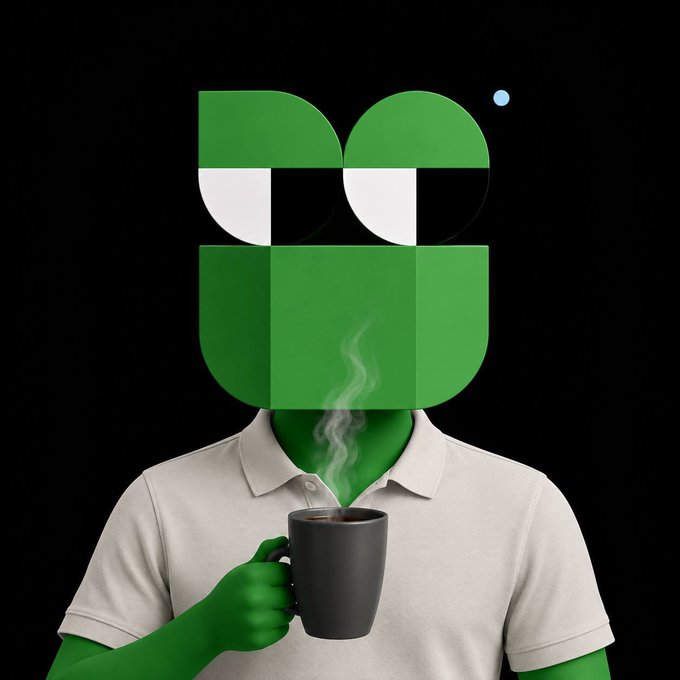 A surreal illustration shows a person in a white polo shirt with a pixelated green Duolingo-style owl head, green arms, and a tongue extending down to sip steaming coffee from a black mug against a black background, fitting a cheerful "Good morning" weekend greeting.