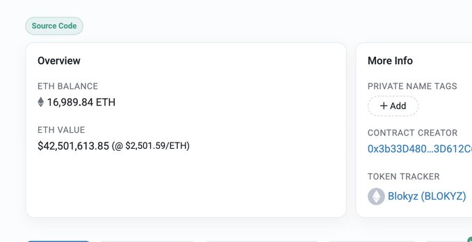Etherscan-style blockchain overview showing an ETH balance of 16,989.84 ETH with a value of $42,501,613.85 at $2,501.59/ETH, tagged by 'Blokyz (BLOKYZ)'.