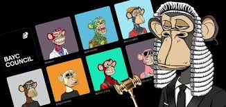 The image features a cartoon monkey dressed in a judge's robe, standing next to a sign that reads "BAYC Council". The monkey appears to be holding a gavel, suggesting that they are in a courtroom setting. There are several other cartoon monkeys displayed on the sign as well.