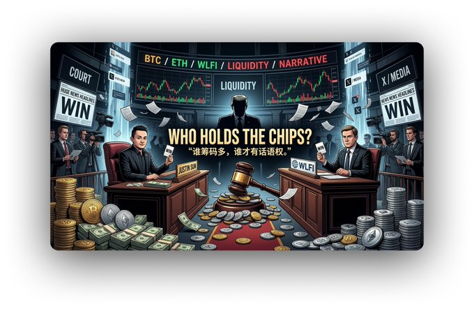 A cartoon courtroom illustration showing Justin Sun/ASTRO SUN and another figure representing WLFI debating over 'BTC / ETH / WLFI / LIQUIDITY / NARRATIVE' with the caption 'WHO HOLDS THE CHIPS?' and Chinese text '谁筹码多，谁才有话语权.'