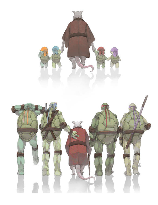 Two illustrations showing a rat in a red robe holding hands with four small turtles, and then the turtles grown large walking alongside the rat as a family group.