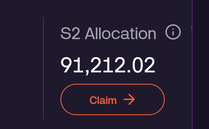 A dark digital interface displaying 'S2 Allocation' with a value of '91,212.02' and an orange 'Claim' button with an arrow icon.