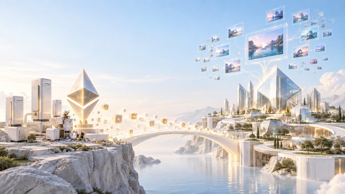 A bright, futuristic cityscape features a large golden diamond-shaped Ethereum logo monument and floating image screens connected by glowing lines over a bridge.