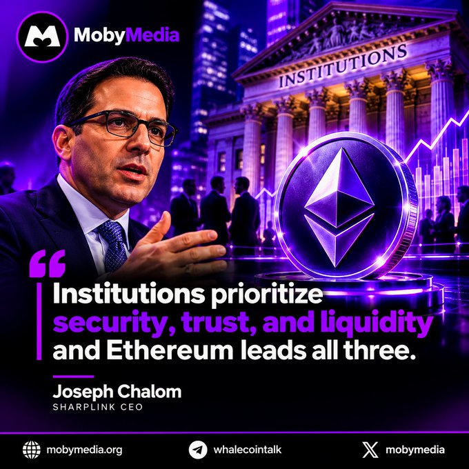 A MobyMedia promotional graphic featuring a quote from SharpLink CEO Joseph Chalom: 'Institutions prioritize security, trust, and liquidity and Ethereum leads all three,' alongside an image of an Ethereum coin.