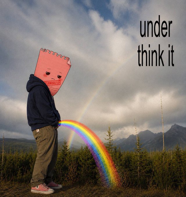 A figure with a "TERMINATED" notepad head stands in a moody landscape while literally urinating a rainbow, beneath the bold text "under think it"—a surreal visual pun on the post's advice to "not overthink" buying $LAYOFF. The juxtaposition of the laid-off, deflated character humorously reinforces the satirical crypto promotion's message to stop analyzing the charts and just buy in.