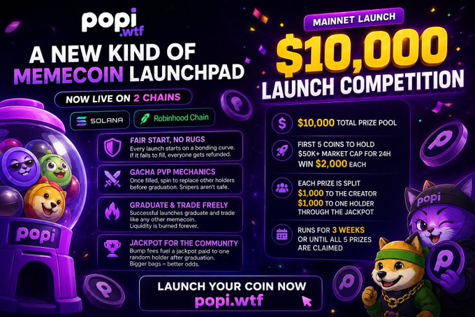 The image is a promotional banner for Popi.wtf, a memecoin launchpad now live on Solana and Robinhood Chain, advertising a $10,000 launch competition with five $2,000 prizes split between creators and holders running for 3 weeks. The graphic highlights key features like fair starts with no rugs, Gacha PVP mechanics, graduate-and-trade functionality, and a community jackpot, with a "Launch Your Coin Now" call-to-action directing users to popi.wtf—visually reinforcing the post's description of their fair-launch memecoin model.