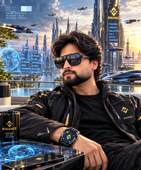 A man wearing sunglasses and a black jacket sits in a futuristic cityscape with Binance branding, 'BINANCE' logos, and text including 'SAME DREAMS, BIGGER TECH, BIGGER IMPACT' and 'BUILDING THE NEXT 100 YEARS'.