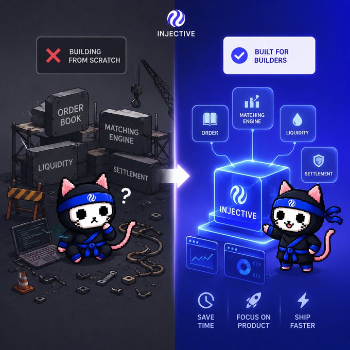 A promotional graphic for 'INJECTIVE' contrasting 'Building from scratch' (left, showing a confused cat character surrounded by construction items) with 'Built for builders' (right, showing an empowered cat character with a glowing cube representing Order Book, Matching Engine, Liquidity, and Settlement features).