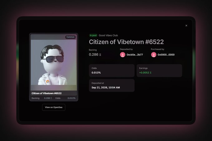A digital interface showing an NFT transaction for 'Citizen of Vibetown #6522' in the Good Vibes Club pool, deposited on Sep 21, 2026.