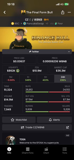 A crypto tracking app screenshot shows token details for 'CZ/WBNB' on PancakeSwap via Four, displaying a 'BINANCE BULL' image, price ($0.03637), market cap ($36.3M), and 24H change of 236%.