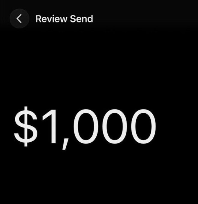 The image shows a "Review Send" screen displaying a transaction amount of $1,000 in large white text on a black background. This appears to be a screenshot suggesting a $1,000 crypto send, fitting the post's call to "DROP YOUR $SOL ADDRESS" for receiving funds.